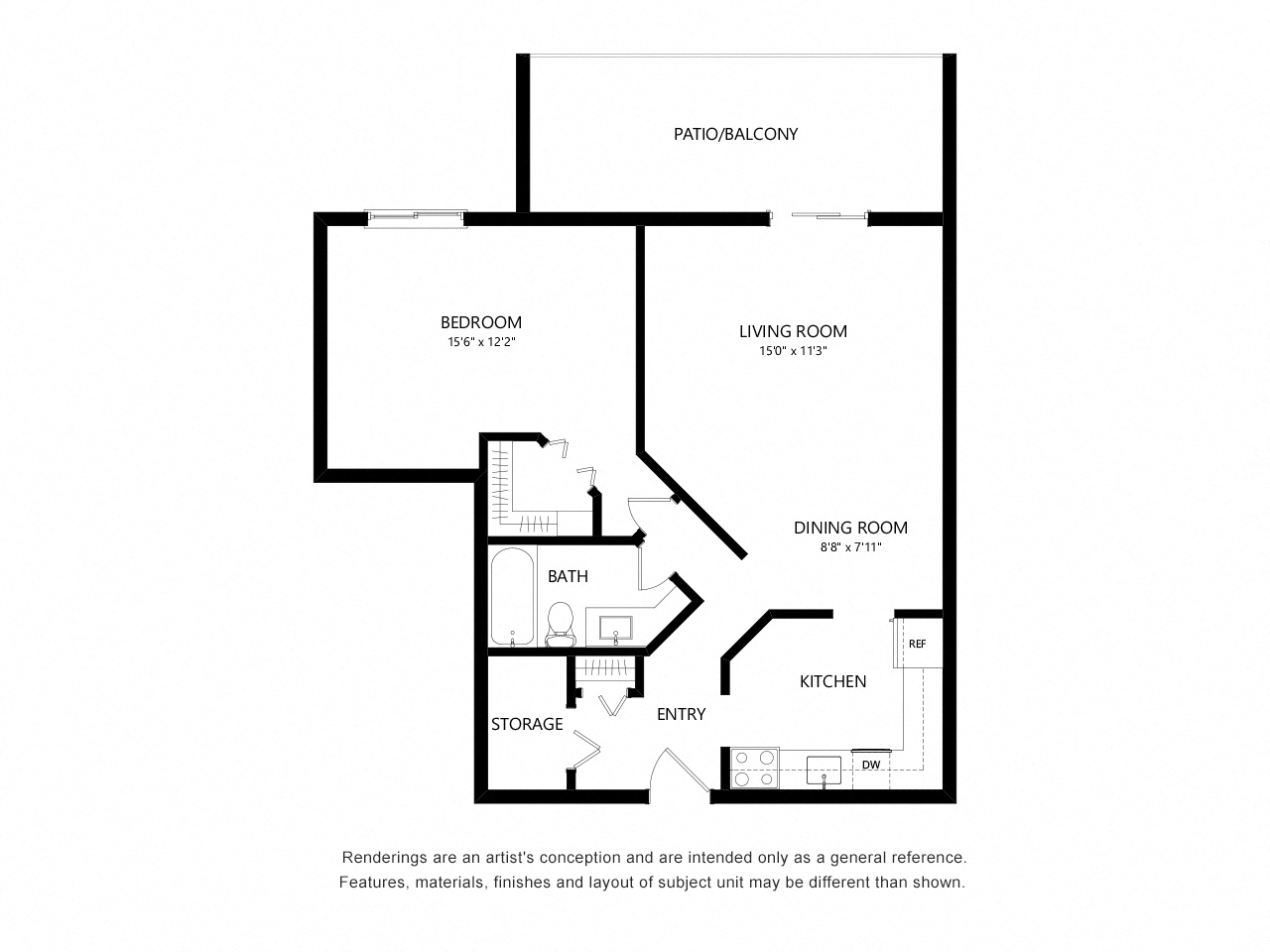 Floor plan for 1 bed, 1 bath, 700 sqft